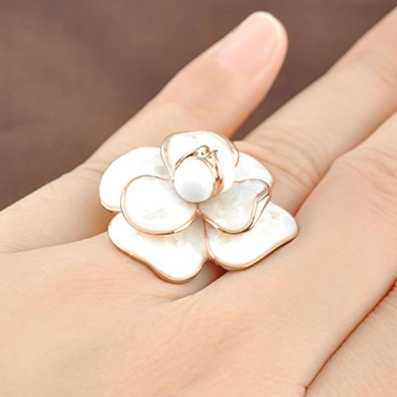 Blooming Flower Statement Ring with Rose Gold Finish and Enamel Petals - Picture 4 of 5